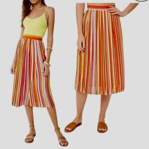 Forever 21 Contemporary Colorful Stripe Pleated Midi A-Line Skirt‎ Sz L